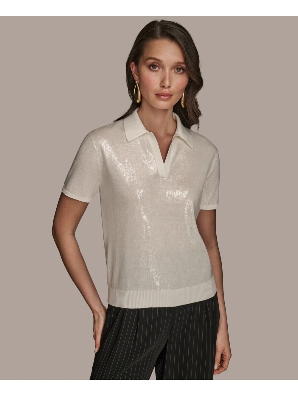 Donna Karan New York Womens Short-Sleeve Sequined Cream S